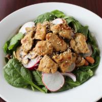 Spinach Salad · Spinach, soy chicken, onion, almonds, mushroom, radishes and sesame seeds mixed with sesame ...