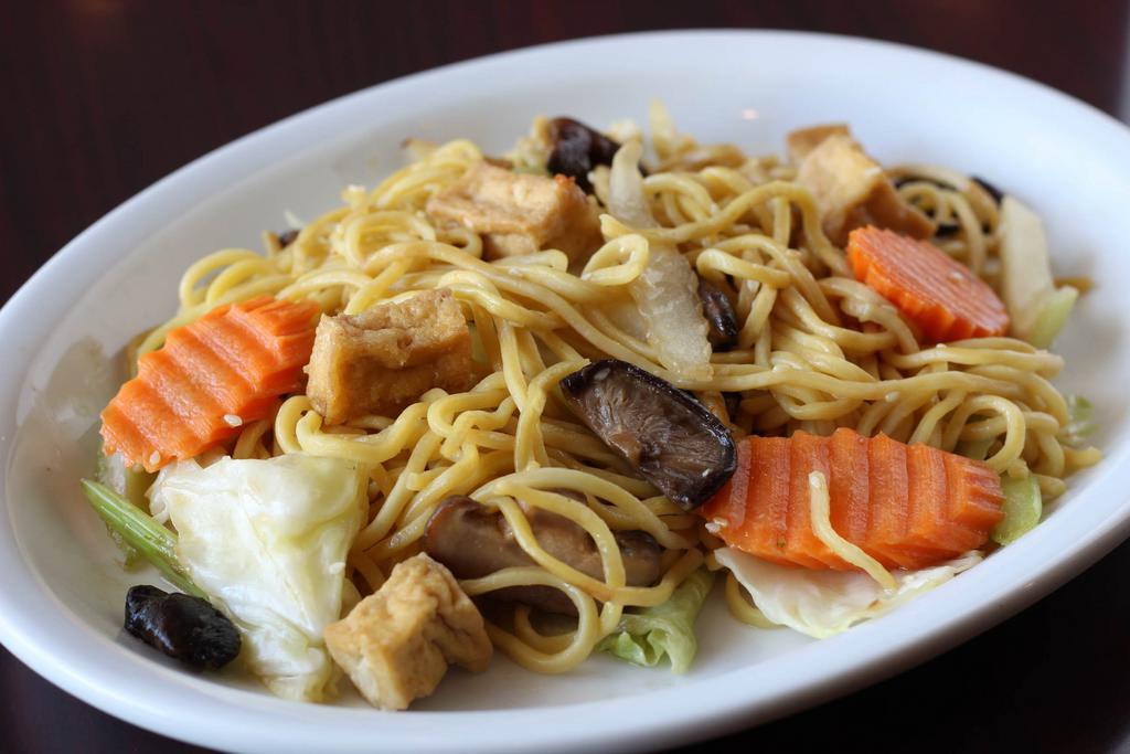 Yakisoba Noodle · Pan-fried noodles (wheat), shiitake fresh mushroom, onion, celery, carrot, tofu, cabbage and sesame seeds. 
