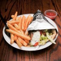 Kafta Gyro Combo · Fresh ground beef, parsley, onions, spices, in a hot pita with lettuce, tomato, and tzatziki.