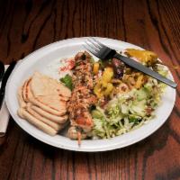 Chicken Kabob Plate · 1 juicy chicken kabob, plus 1 side of your choice, homemade tzatziki and hot pita included.