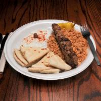 Beef Kabob Plate · 1 tender beef kabob, plus 1 side of your choice, homemade tzatziki and hot pita included.