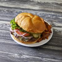 Highway House Burger · Ground in house Angus beef. Served with choice of cheese, lettuce, tomato and onion, atop a ...