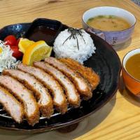  Pork Katsu Curry ·  Panko fried pork loin with cabbage, fruit(orange/cherry tomato), and steamed rice with miso...