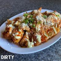 Big Dirty · Jo-Jos topped with Chopped Smoked Chicken, Creole Gravy, Cotija, Green Onion, Fresno & W...