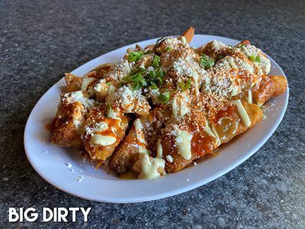 Big Dirty · Jo-Jos topped with Chopped Smoked Chicken, Creole Gravy, Cotija, Green Onion, Fresno & White Gold Sauce