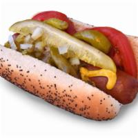 Chicago Dog · Relish, chopped onions, tomato, celery salt, kosher pickle spear, sport peppers, mustard and...