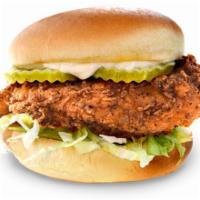 Crispy Chicken Sandwich · A crispy fried chicken breast with shredded lettuce, pickles & mayo on a lightly toasted bun.