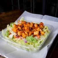 Buffalo Chicken Salad · Chopped romaine and iceberg lettuce, grilled chicken tossed in Buffalo sauce, smoked bacon, ...