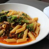 Pasta Primavera  · Vegan pasta with fresh vegetables in a garlic vegetable sauce.