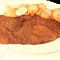 Breaded beefsteak (Bife a Milanesa) · served w/ rice, beans and fries (com arroz, feijao e batata frita). *No substitutions*