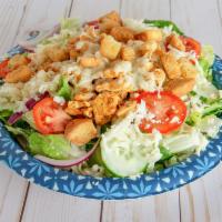 Buffalo Chicken Salad · Lettuce, onions, tomatoes, cucumber, Buffalo chicken, cheese and croutons 