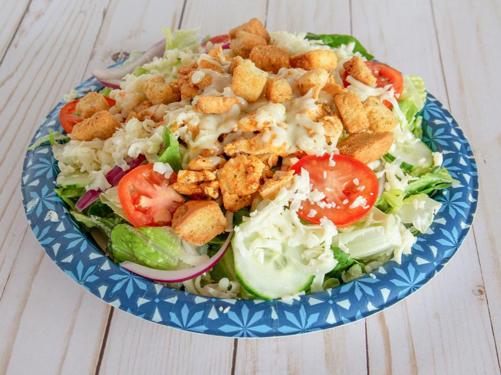 Buffalo Chicken Salad · Lettuce, onions, tomatoes, cucumber, Buffalo chicken, cheese and croutons 