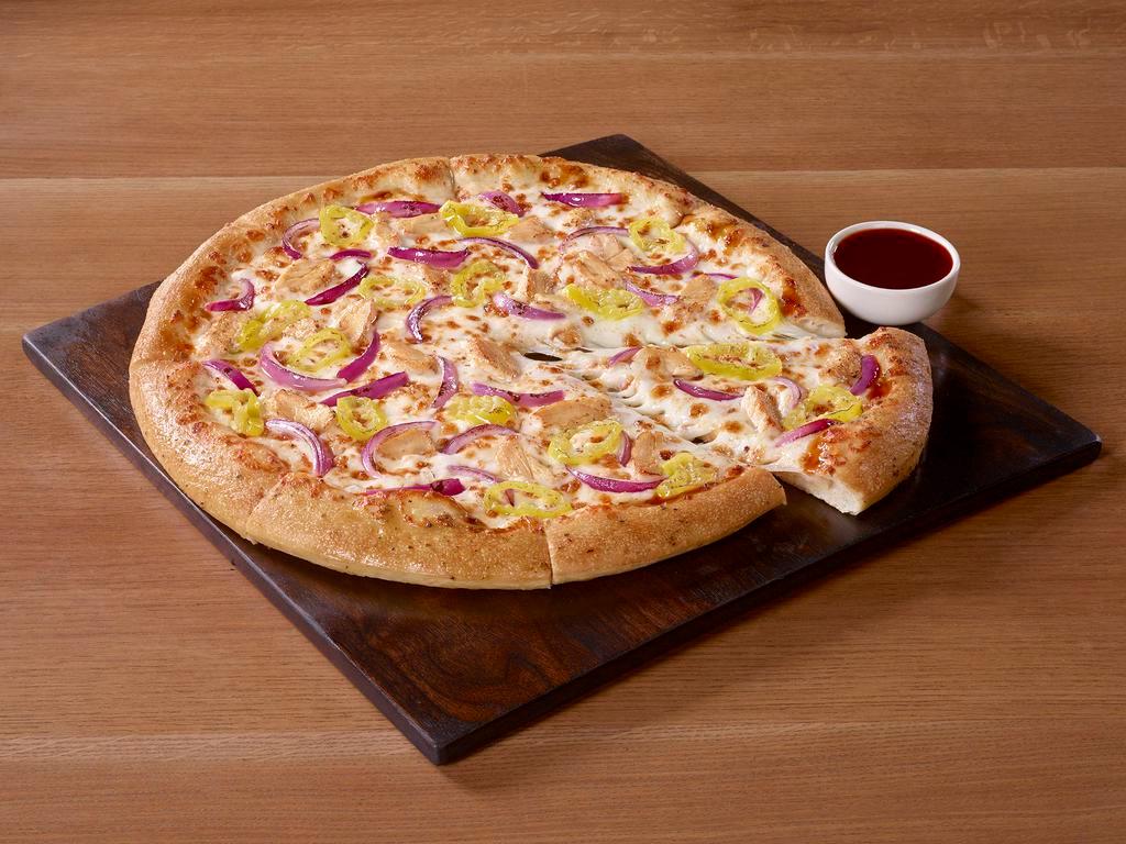 Buffalo Chicken Pizza · Grilled chicken, banana peppers and red onions with Buffalo sauce.