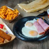 The Breakfast Plate (Large) · 2 eggs, ham or bacon, fries, Cuban toast and coffee.