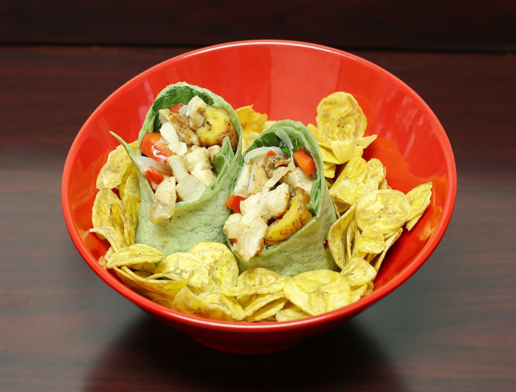 Havanero Wrap · Marinated chicken breast, sweet plantains, mozzarella cheese, grilled onion, green pepper, red pepper, lettuce and tomato on a wrap.
