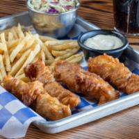 Hand Battered Fish & Chips · Fresh Cut Cod, Hand Beer Battered served with Tarter Sauce, Fries and Choice of 1 Side
