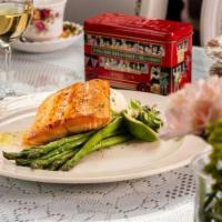 Salmon Dinner · Pan seared salmon, mashed potato, and broccolli.