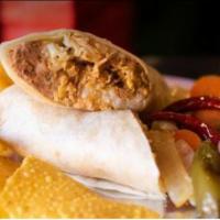 Burrito Meal · On a big flour tortilla with fresh smashed pinto beans (not fried or any lard), spanish home...