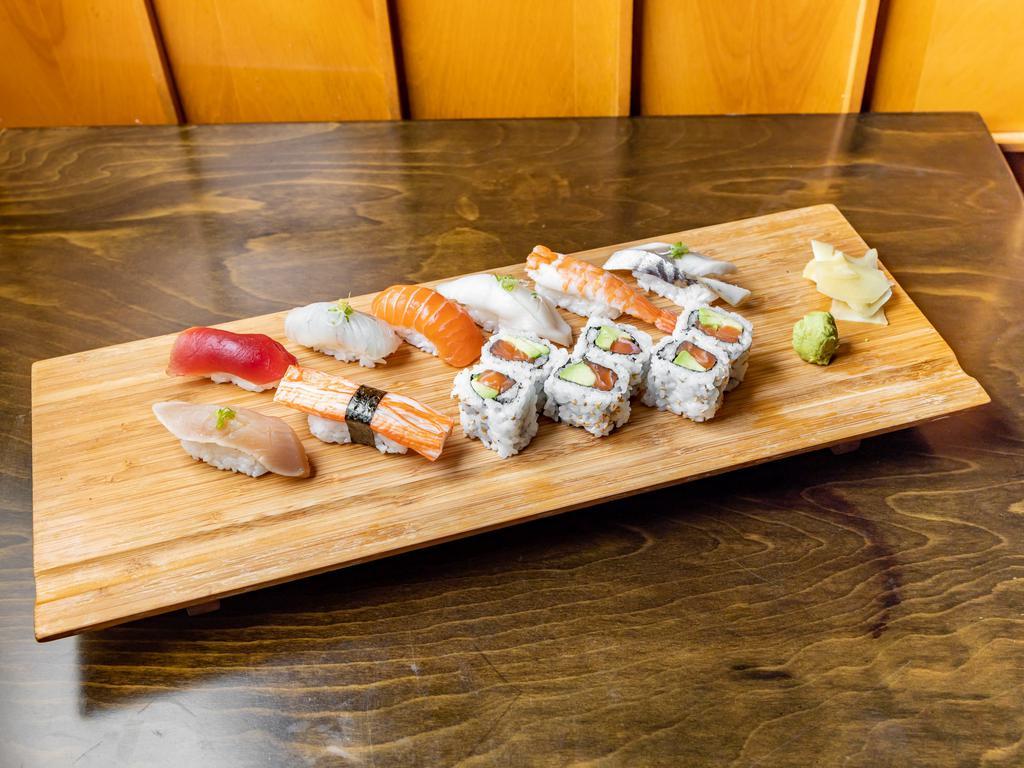 Shogun Sushi Dinner · Tuna, fluke, salmon, shrimp, crab, black marlin, stripe bass, white tuna, salmon maki, and avocado maki. Served with salad.