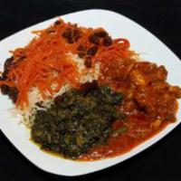 Quabili Palau Entree · Tender chunks of lamb under a heaping portion of seasoned rice topped with fried sweet carro...