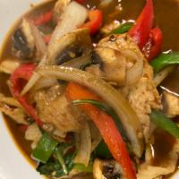 R2. Kao Pad Kra Prow · Includes basil, onions, bell peppers, mushrooms and Thai chili and egg