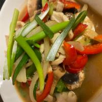 AC1. Pad Kra Prow  · Basil. Includes sauteed garlic, onions, bell peppers, mushrooms, basil leaves and Thai chili.