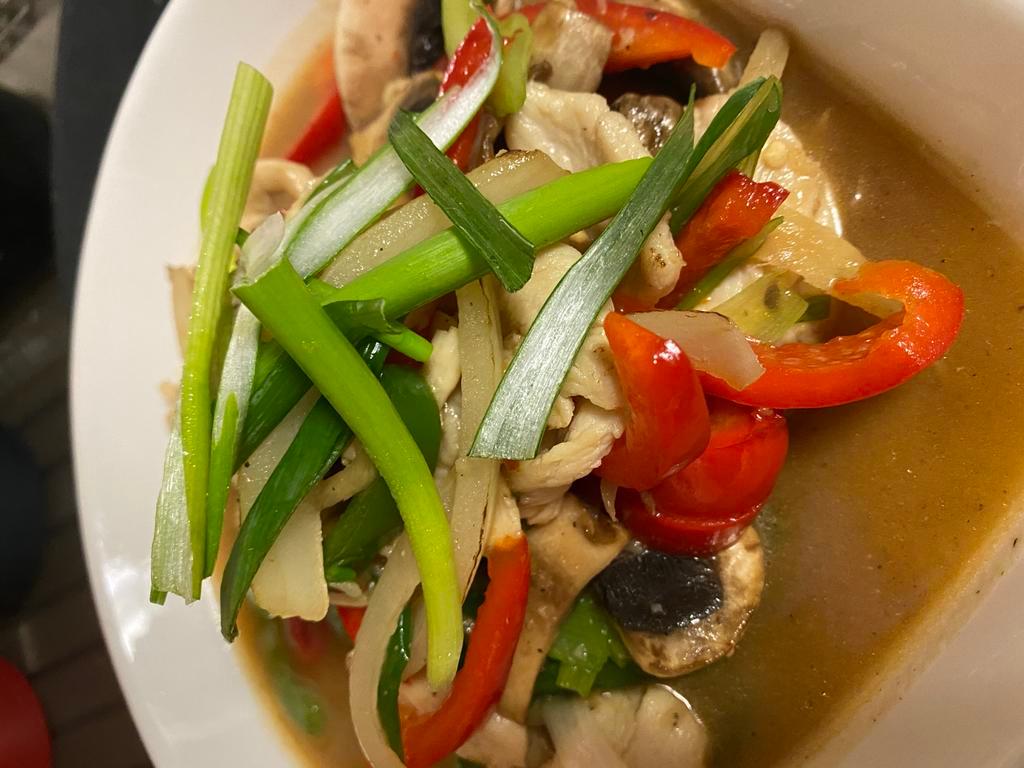AC1. Pad Kra Prow  · Basil. Includes sauteed garlic, onions, bell peppers, mushrooms, basil leaves and Thai chili.