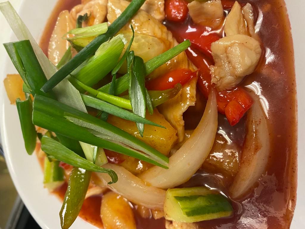 AC2. Pad Prew Wan  · Sweet and sour. Includes pineapple chunk, carrots, tomatoes, onions, bell peppers, cucumber and celery in a sweet and sour sauce.