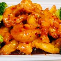 General Tso Shrimp · Breaded fried shrimp. Sauce and broccoli on the side. Spicy.