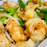 Salt and Pepper Shrimp Specialty · Fried shrimp, peppers and onion stir-fried lightly with seasonings, salt and black pepper. 
