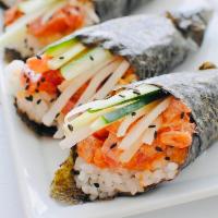 Spicy Salmon Roll · Salmon, cucumber and spicy mayo.