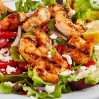 Greek Salad with Grilled Shrimp · Traditional Greek Salad topped with Grilled Shrimp