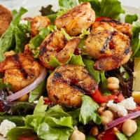 Mediterranean Salad with Grilled Shrimp · Traditional Mediterranean Salad topped with Grilled Shrimp