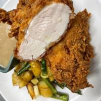 Southern Fried Chicken · Brined and Buttermilk Crusted Breast and Thigh,
Roasted Fingerling Potatoes, Mushrooms, Natu...
