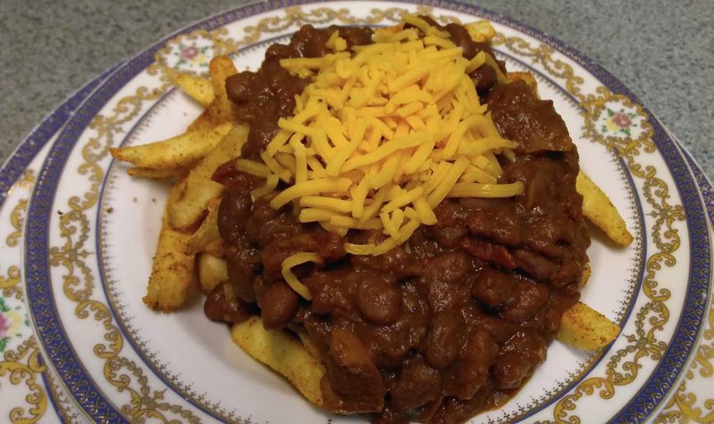 Gluten Free/Vegan Chili Pile Up (GF)......  · vegan chili on a bed of vegetarian seasoned Bill's Chips 
    (optional) topped with shredded Cheddar & sour cream   
*note frying oil is not gluten free