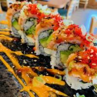 Bake Roll · Crab, avocado, cucumber, cream cheese, topping seared salmon with special spicy sauce, masag...