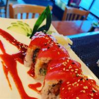 Crazy Spicy Tuna Roll · Spicy tuna, avocado and topping tuna with spicy pepper sauce.