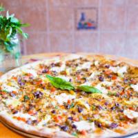 Focaccia Pizza · Tomatoes, sausage, artichoke hearts, Kalamata olives, herbs and organic fresh mozzarella.