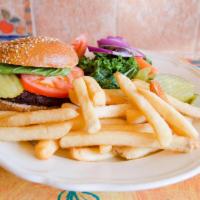 Hamburger Deluxe · 12oz Hamburger Deluxe, served with French Fries, lettuce, tomato, onions, pickles, and a thi...
