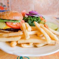 Cheeseburger · !2oz Cheeseburger Served with lettuce, tomato, onions, pickles, and American cheese.