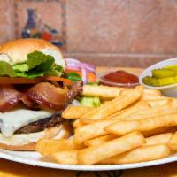  Bacon Swiss Burger · 12oz Bacon Swiss Burger cooked to your liking, served with lettuce, tomato, onions, pickles,...