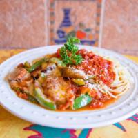 Sausage and Peppers Pasta · Sauteed sausage and peppers cooked in marinara sauce with your choice of pasta. Add toppings...