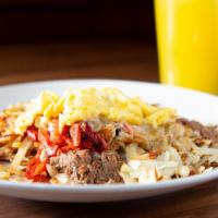 Slow Roast Brisket Hash · Brisket, roasted red peppers, onions, and sausage gravy, served with 2 eggs on hash browns. ...