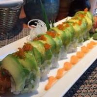 16. Caterpillar Roll · Smoked-eel, tamago, crabmeat topped with avocado and eel sauce and spicy mayo. Cooked.