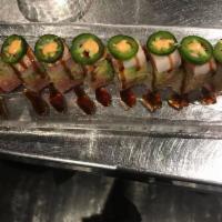 26. Spicy Girl Roll · Shrimp tempura, cucumber, wrapped soy paper, topped with tuna, avocado and jalapeno. Eel sau...