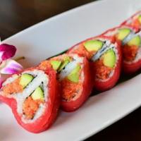 30. Sweet Heart Roll · Spicy tuna, avocado, caviar, wrapped with soy paper and tuna, eel sauce spicy mayo. Raw.