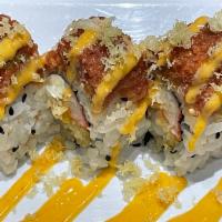6 America Dream Roll · Shrimp tempura，crab meat，cream cheese，topped with spicy tuna，crunchy，masago，spicy mayo