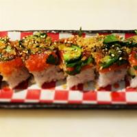 Spicy Tuna Lover Chef Special · Spicy tuna, cucumber, onion, topped with spicy tuna, tempura flake, jalapeno, cilantro, and ...
