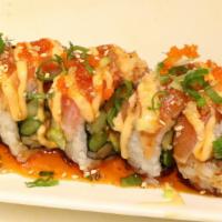 305 Roll Chef Special · Shrimp t, spicy crab, avocado, cream cheese, topped with seared salmon, tempura flake, eel s...