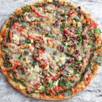 Greek Pizza · Kalamata olive, feta, roasted garlic, baby spinach and tomato.